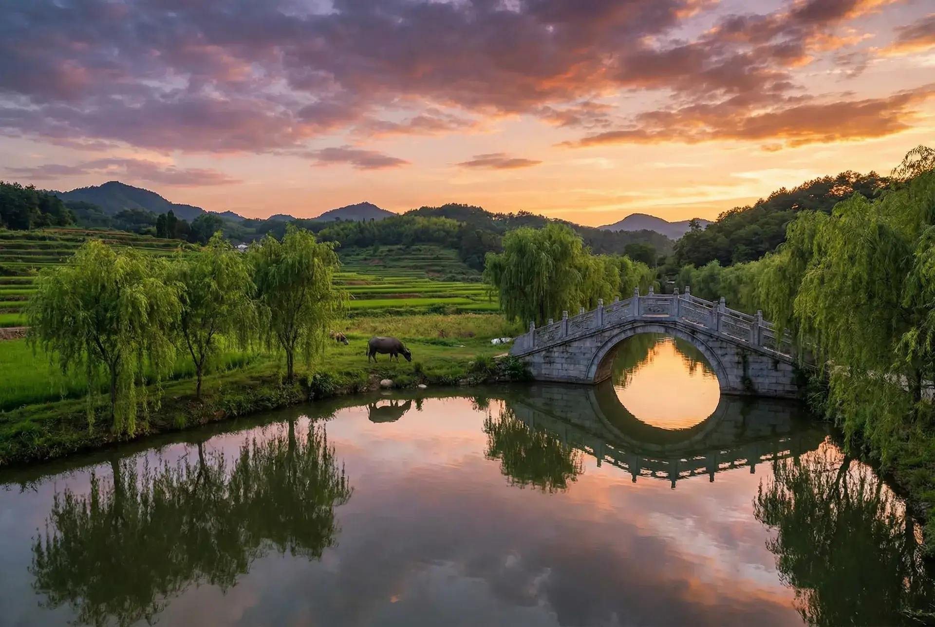 夕阳下的石拱桥与垂柳，水牛在河边吃草 - 花心电影网 乡村美景